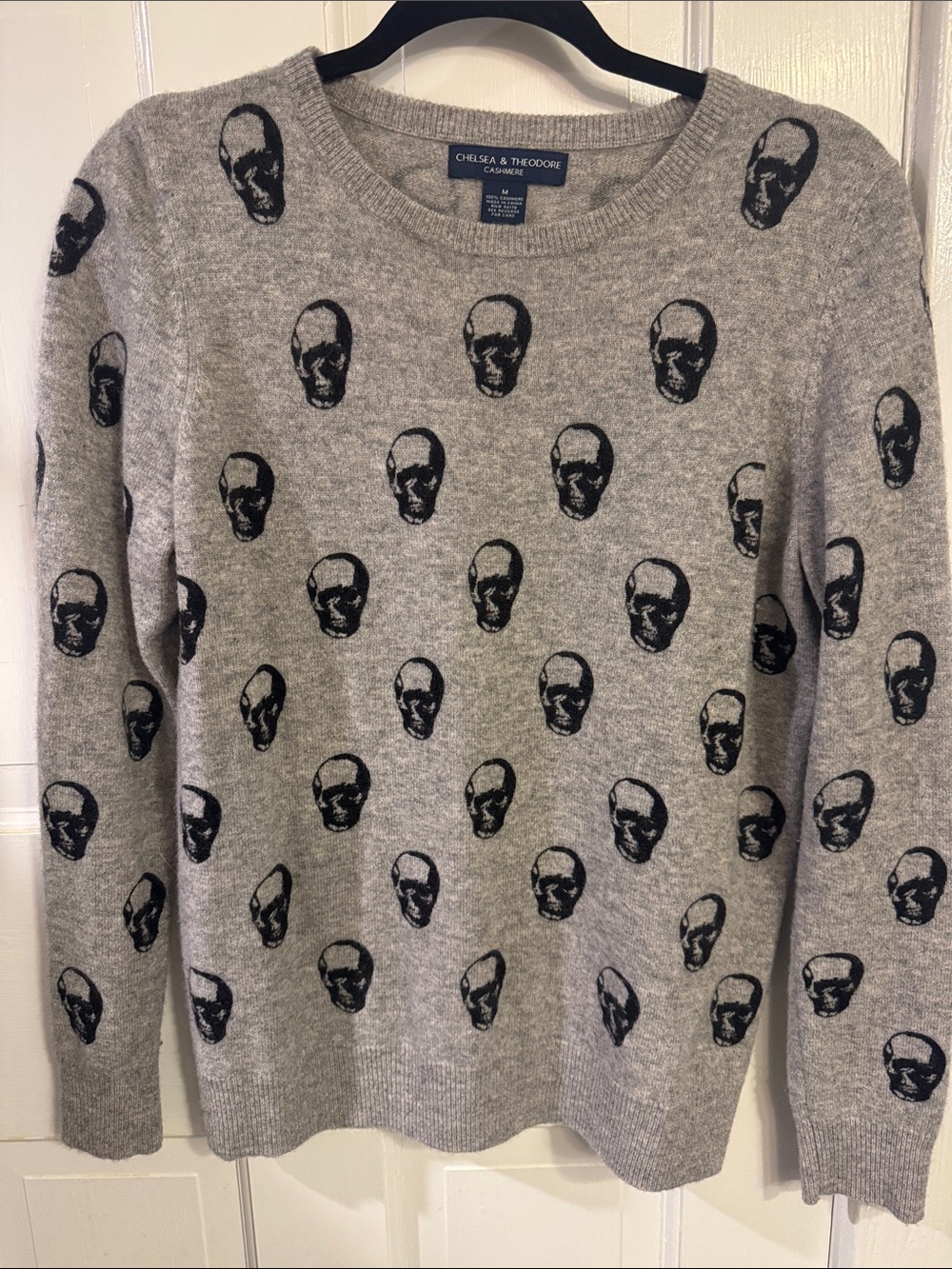 Chelsea & Theodore Gray Crewneck Sweater with Black Skull Pattern